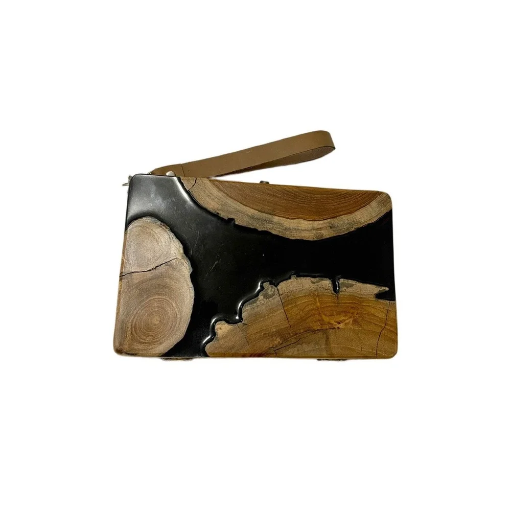 Biofurface $250 Teak Wood Side Handle Bag with Epoxy Resin Eco Friendly Art Fall